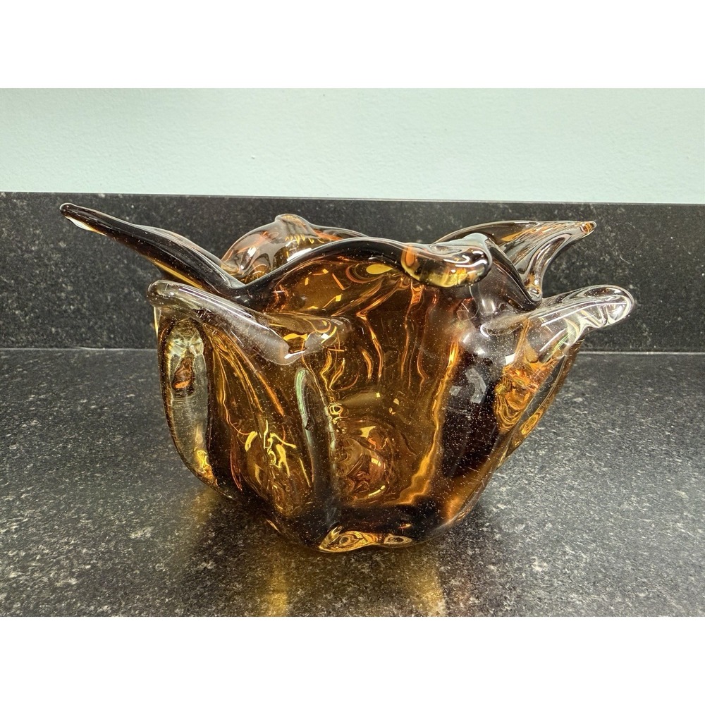 Vtg Amber Art Glass Freeform Bowl Vase Hand Blown Mid Century 7" Murano Style